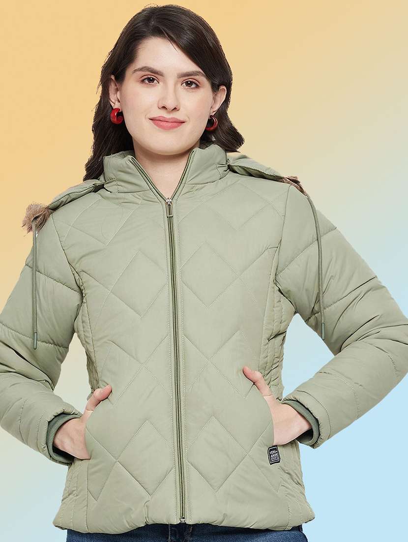 women solid long sleeve hooded quilted jacket