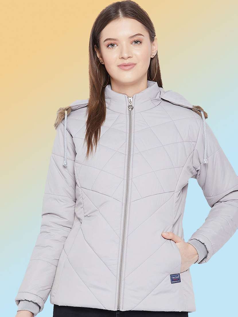 women solid long sleeve hooded quilted jacket
