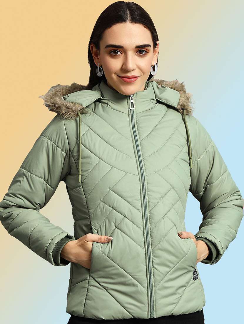women solid long sleeve hooded quilted jacket