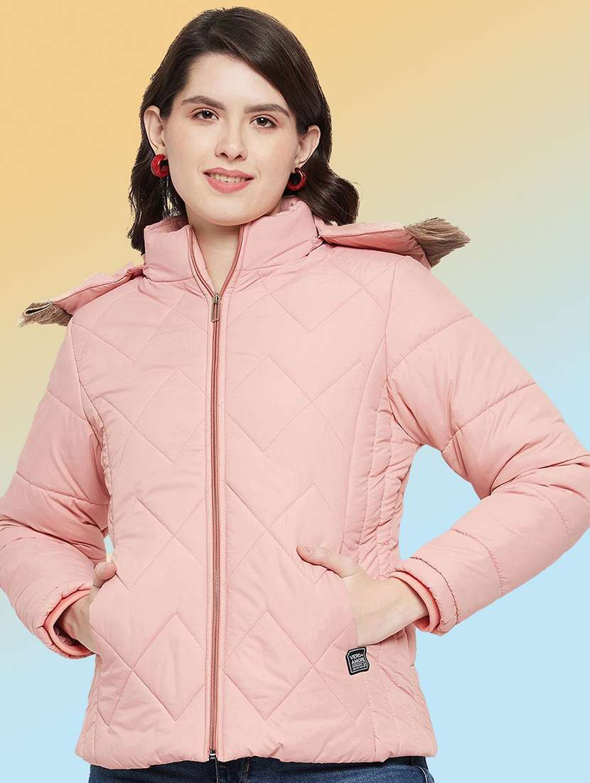 women solid long sleeve hooded quilted jacket