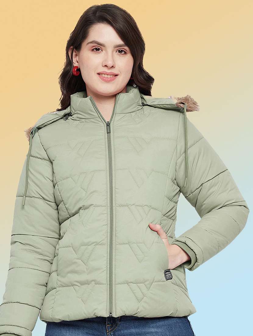 women solid long sleeve hooded quilted jacket