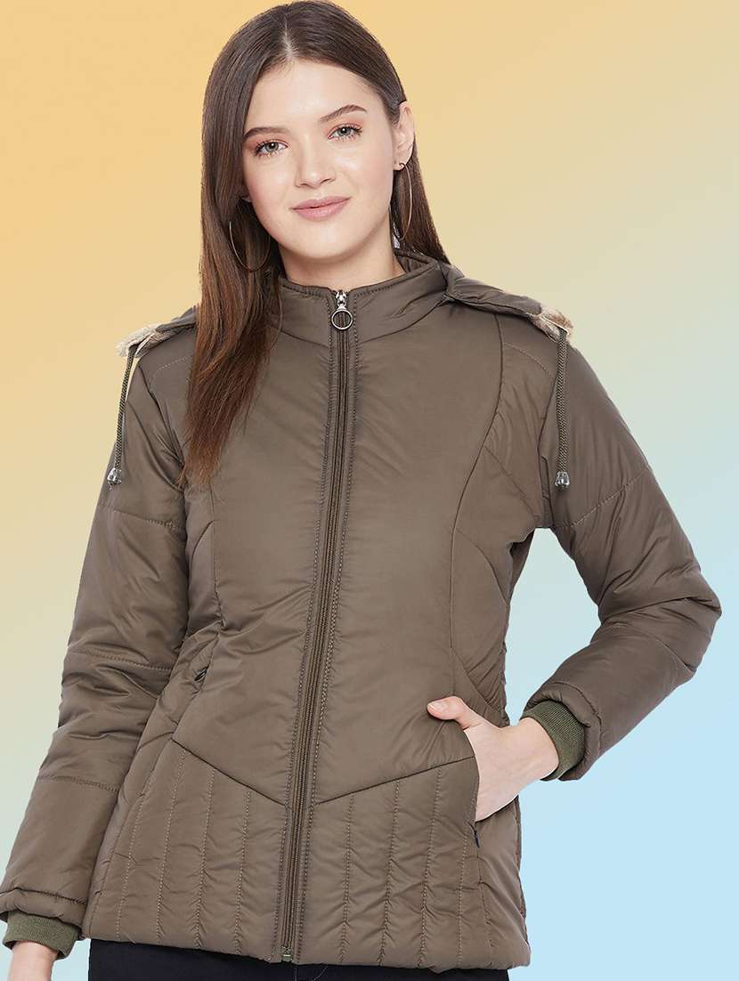 women solid long sleeve hooded quilted jacket