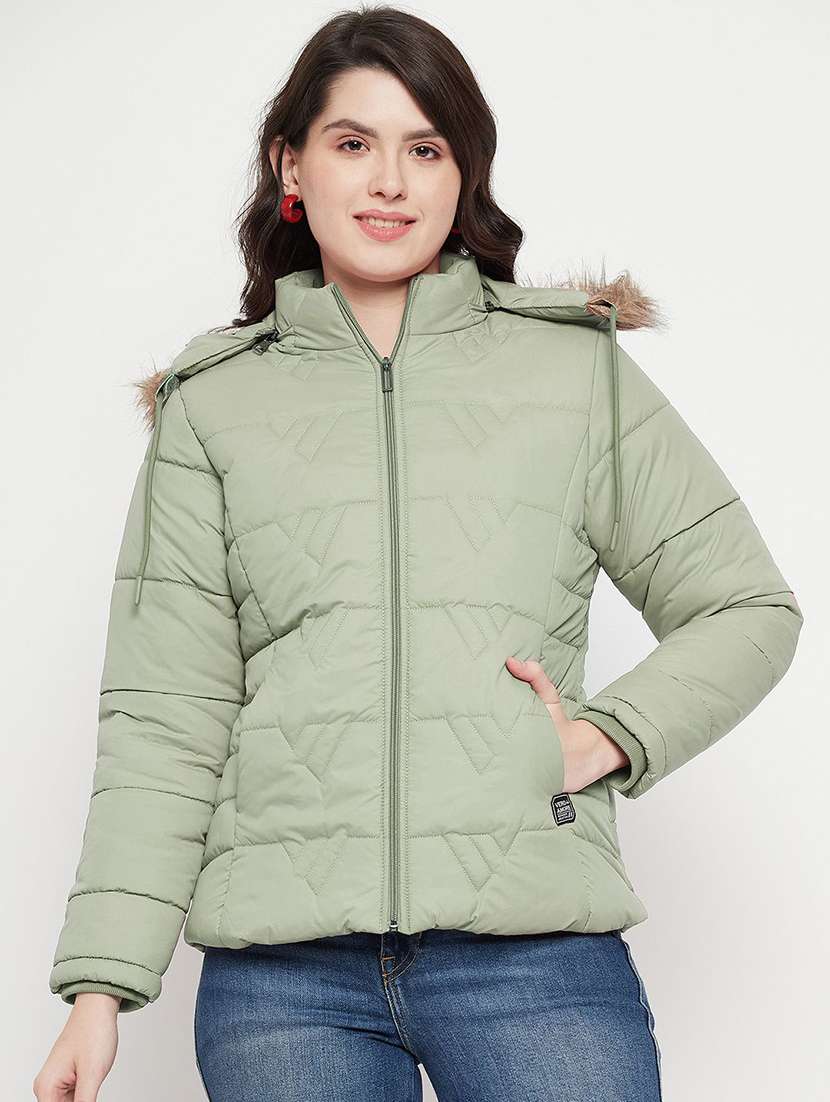 women solid long sleeve hooded quilted jacket