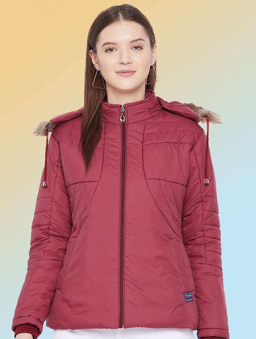 women solid long sleeve hooded quilted jacket