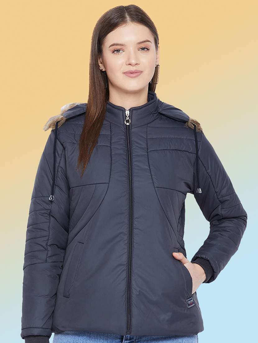women solid long sleeve hooded quilted jacket