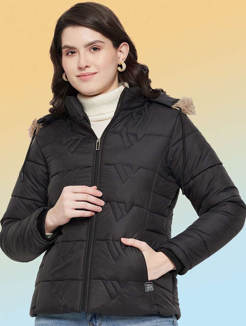 women solid long sleeve hooded quilted jacket