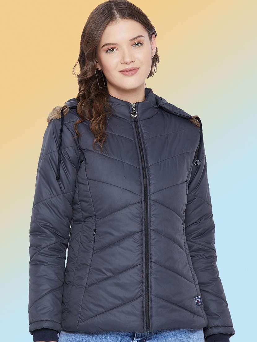 women solid long sleeve hooded quilted jacket