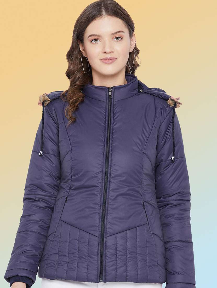 women solid long sleeve hooded quilted jacket