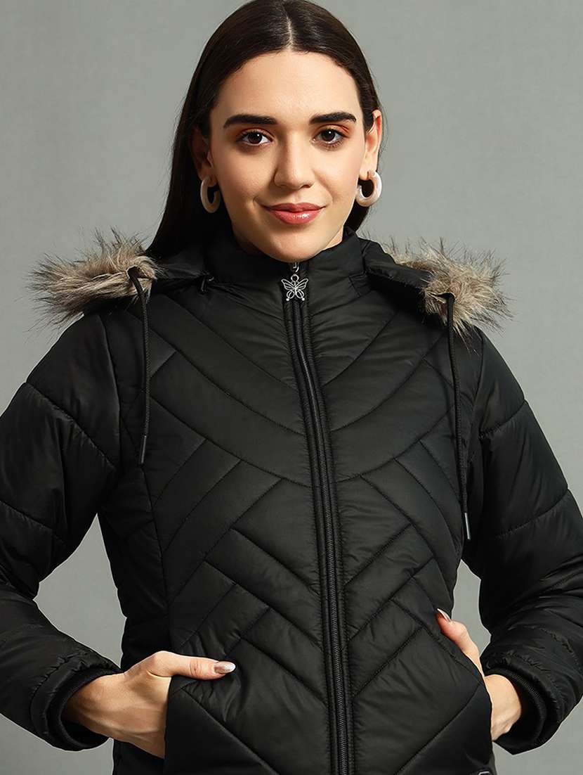 women solid long sleeve hooded quilted jacket
