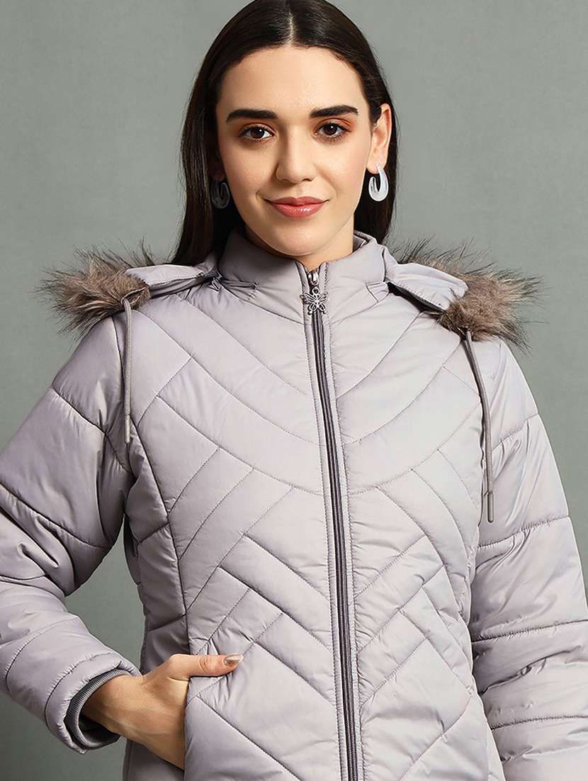 women solid long sleeve hooded quilted jacket