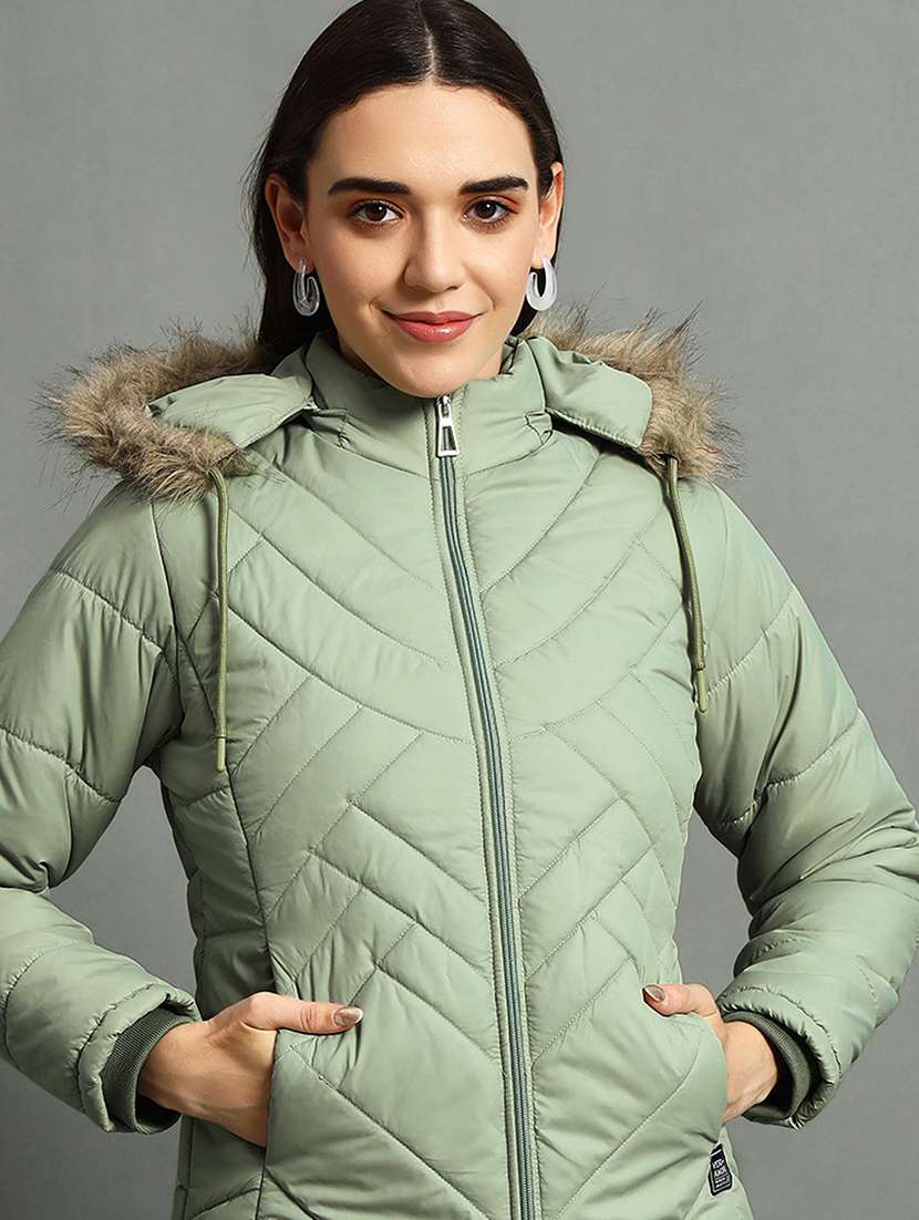 women solid long sleeve hooded quilted jacket
