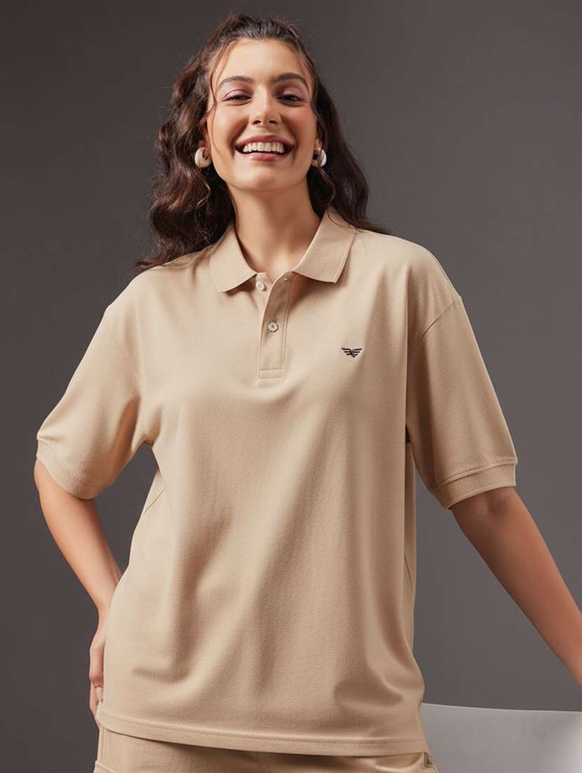 women solid oversized short sleeve polo t-shirt