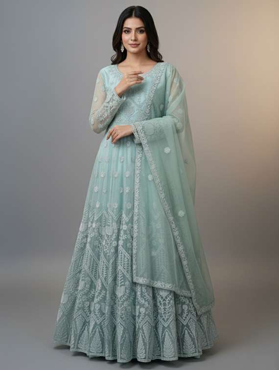 women solid with work fit & flare semi stitched gown with dupatta