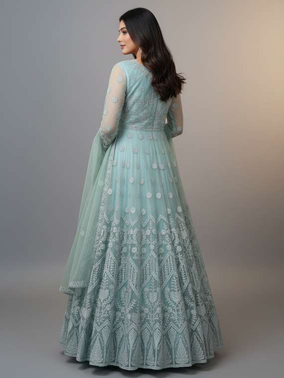 women solid with work fit & flare semi stitched gown with dupatta - 22291917 -  Standard Image - 3