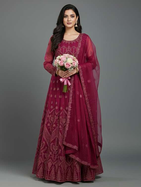 women solid with work fit & flare semi stitched gown with dupatta
