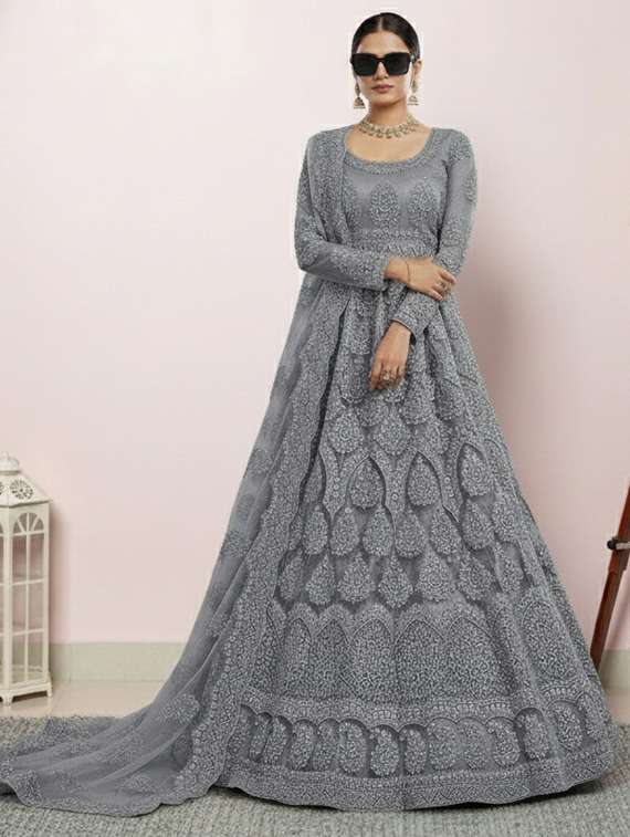 women solid with work fit & flare semi stitched gown with dupatta