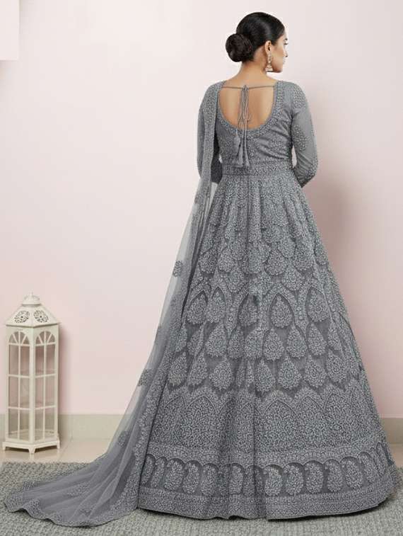 women solid with work fit & flare semi stitched gown with dupatta - 22291921 -  Standard Image - 3