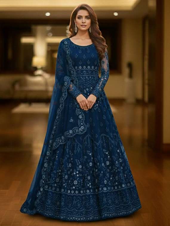 women solid with work fit & flare semi stitched gown with dupatta