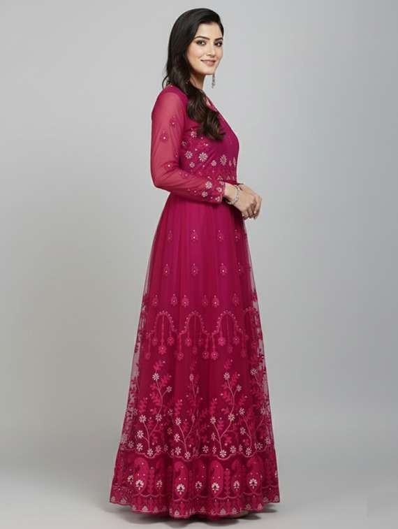women solid with work fit & flare semi stitched gown with dupatta - 22291930 -  Standard Image - 3