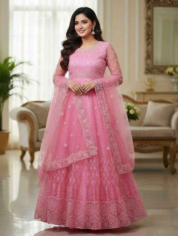 women solid with work fit & flare semi stitched gown with dupatta