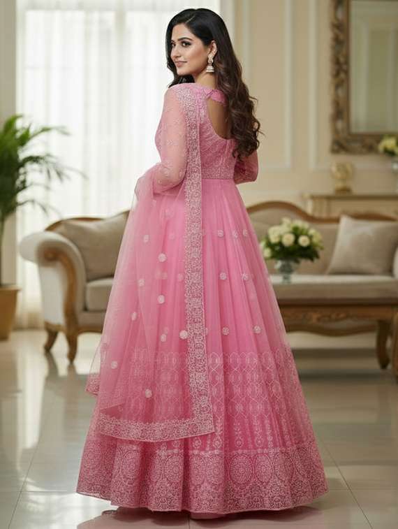 women solid with work fit & flare semi stitched gown with dupatta - 22291933 -  Standard Image - 3