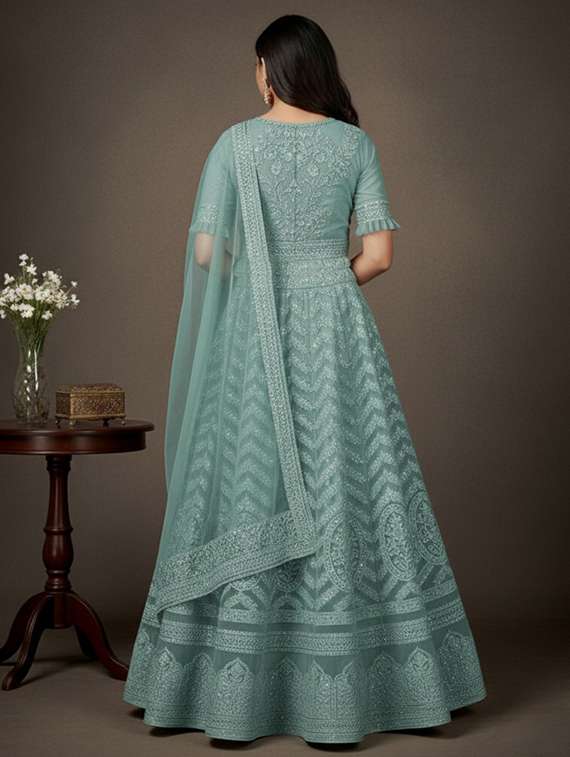 women solid with work fit & flare semi stitched gown with dupatta - 22291939 -  Standard Image - 3