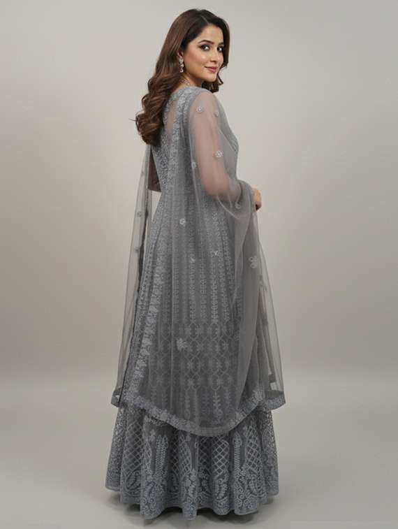 women solid with work fit & flare semi stitched gown with dupatta - 22291942 -  Standard Image - 3