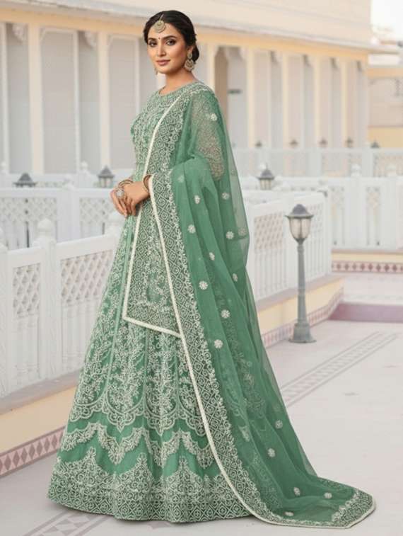 women solid with work fit & flare semi stitched gown with dupatta - 22291945 -  Standard Image - 3