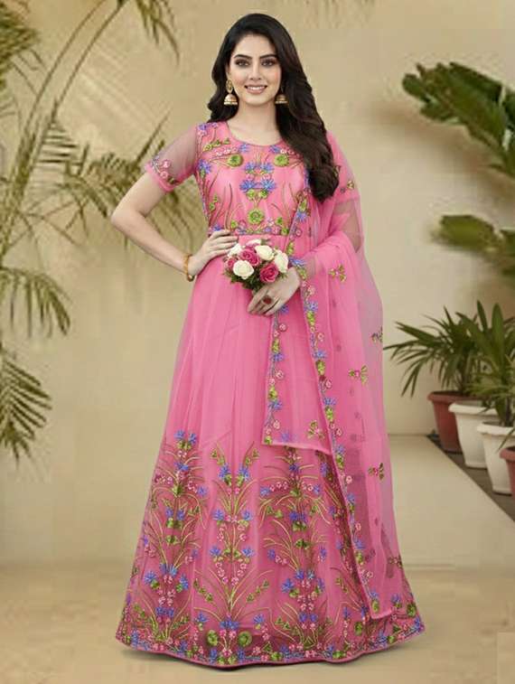 women solid with work fit & flare semi stitched gown with dupatta