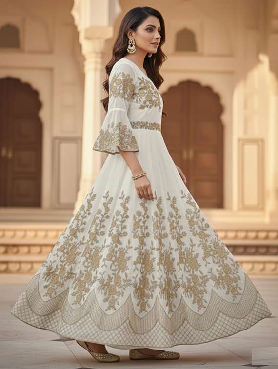 women solid with work fit & flare semi stitched gown  - 22291959 -  Standard Image - 3