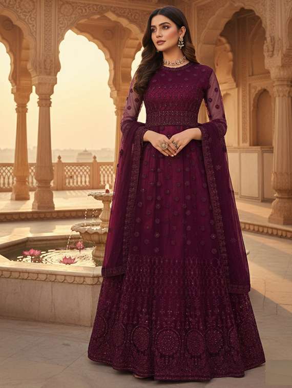 women solid with work fit & flare semi stitched gown with dupatta