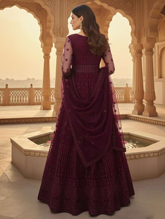women solid with work fit & flare semi stitched gown with dupatta - 22291965 -  Standard Image - 3