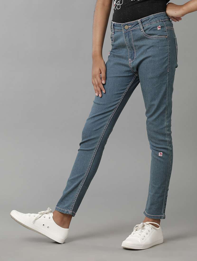 girls solid mid rise slim fit jean