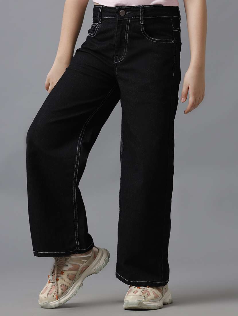 girls solid mid rise wide leg jeans