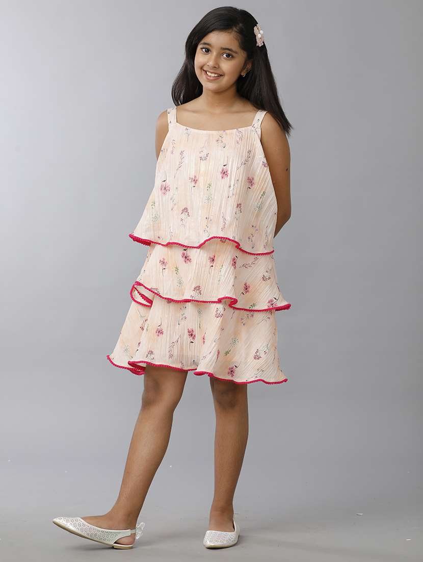 women printed shoulder strap layered dress