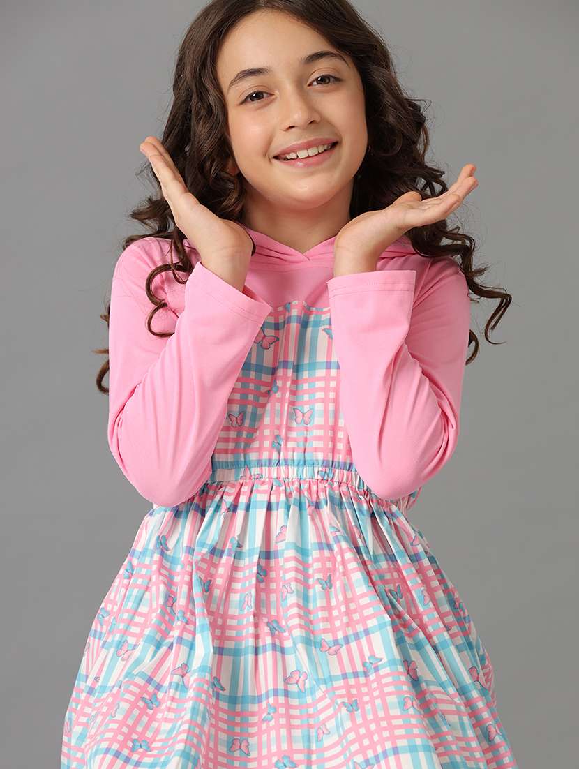 girls checkered long slevee fit & flare dress - 22292060 -  Standard Image - 3