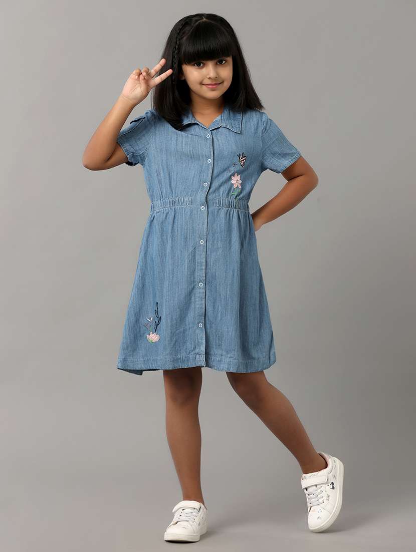girls embroidered short sleeve denim shirt dress