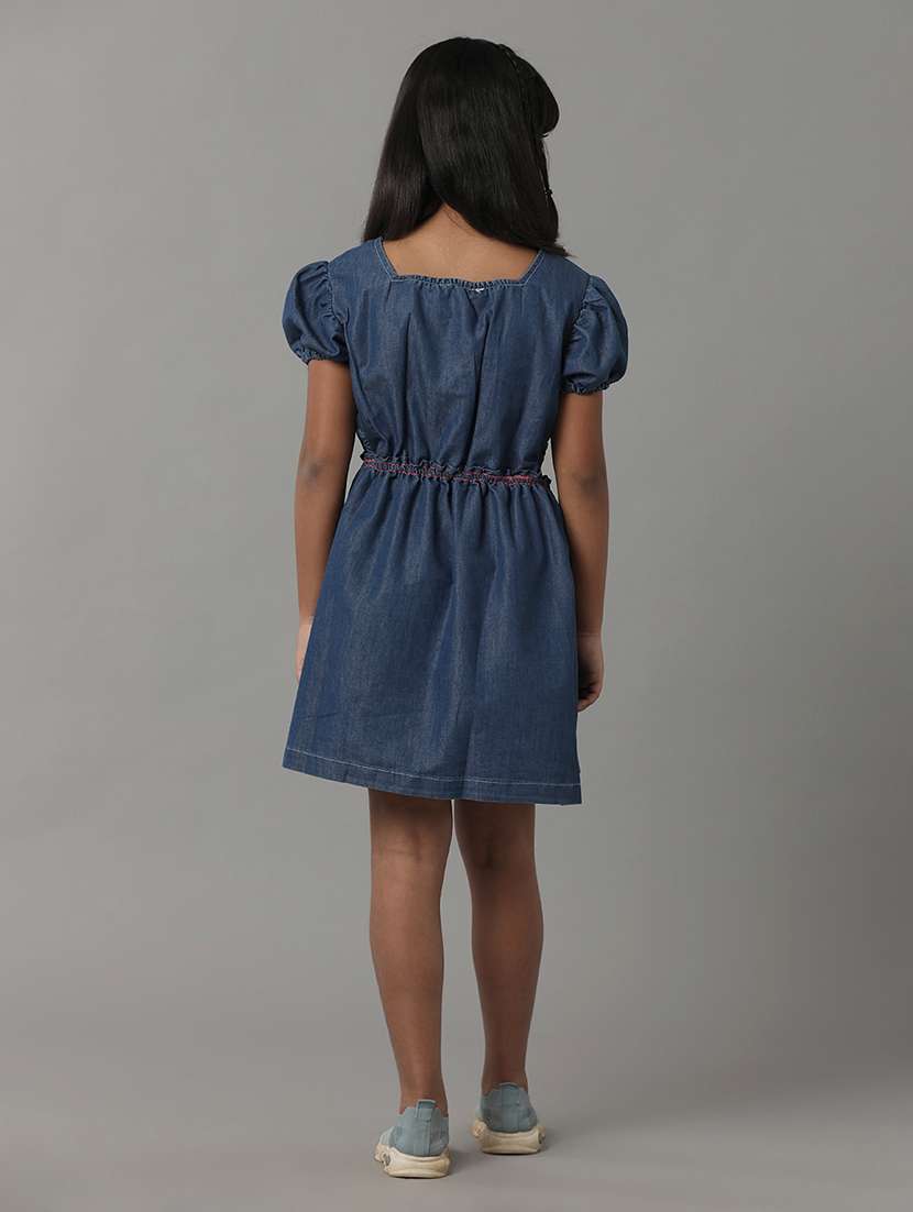 girls embroidered puff sleeve denim fit & flare dress - 22292076 -  Standard Image - 3