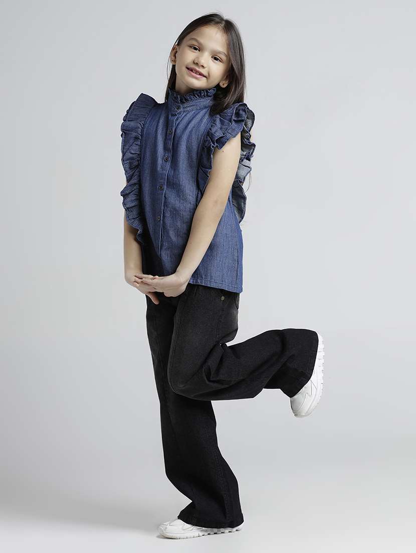 girls solid sleeveless ruffle detailed denim top - 22292102 -  Standard Image - 3
