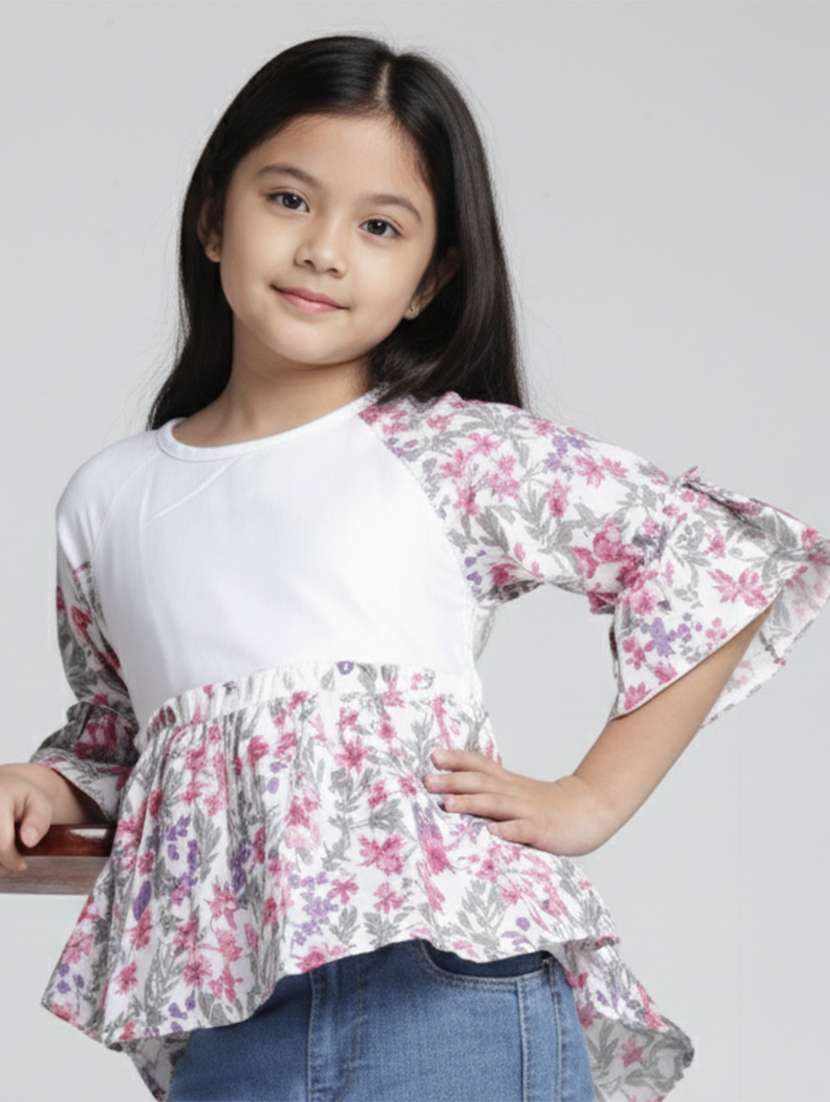 girls floral print bell sleeve high low top