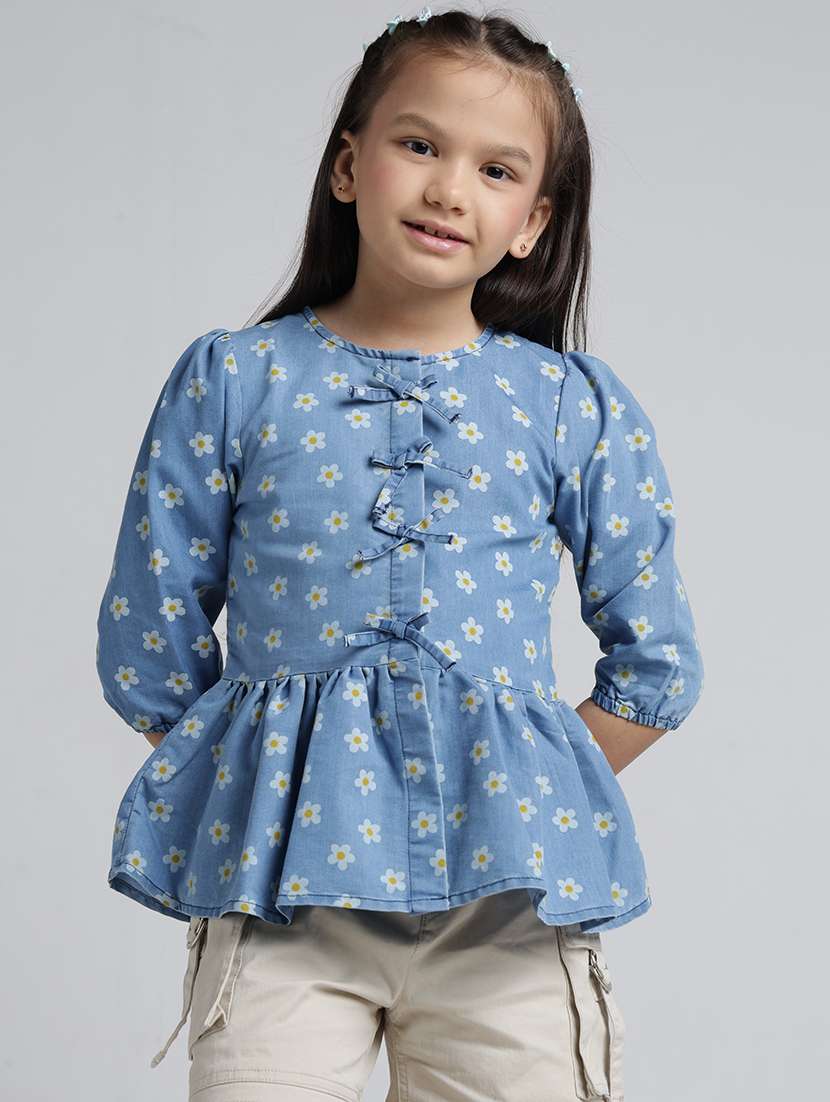 girls floral print puff sleeve peplum top