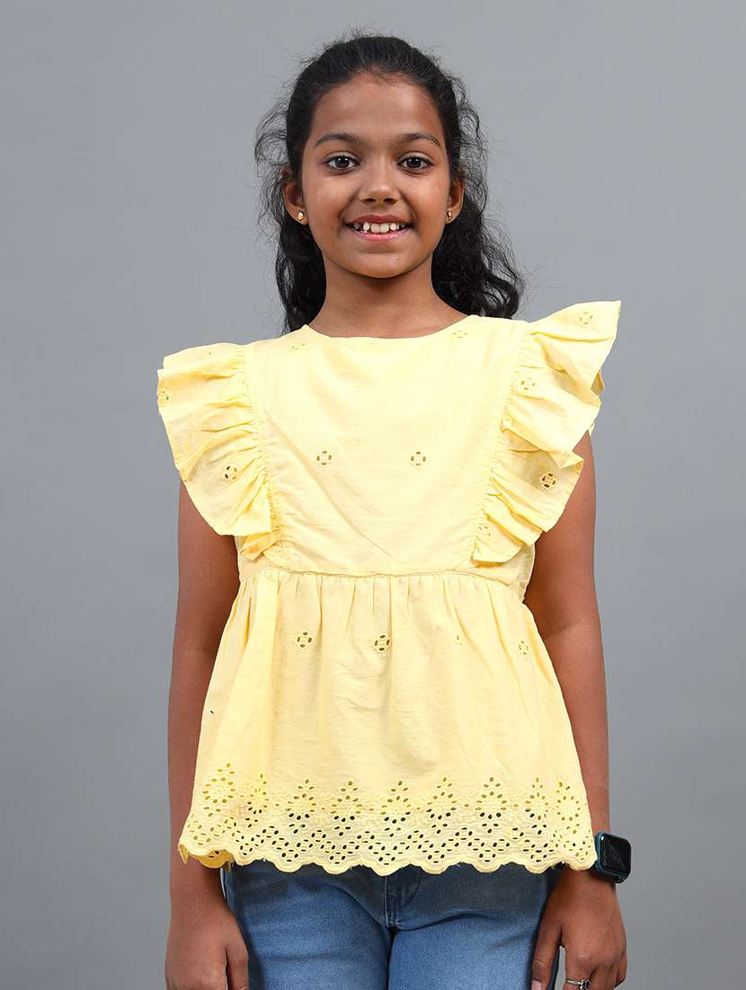 girls self designed ruffle sleeve peplum top
