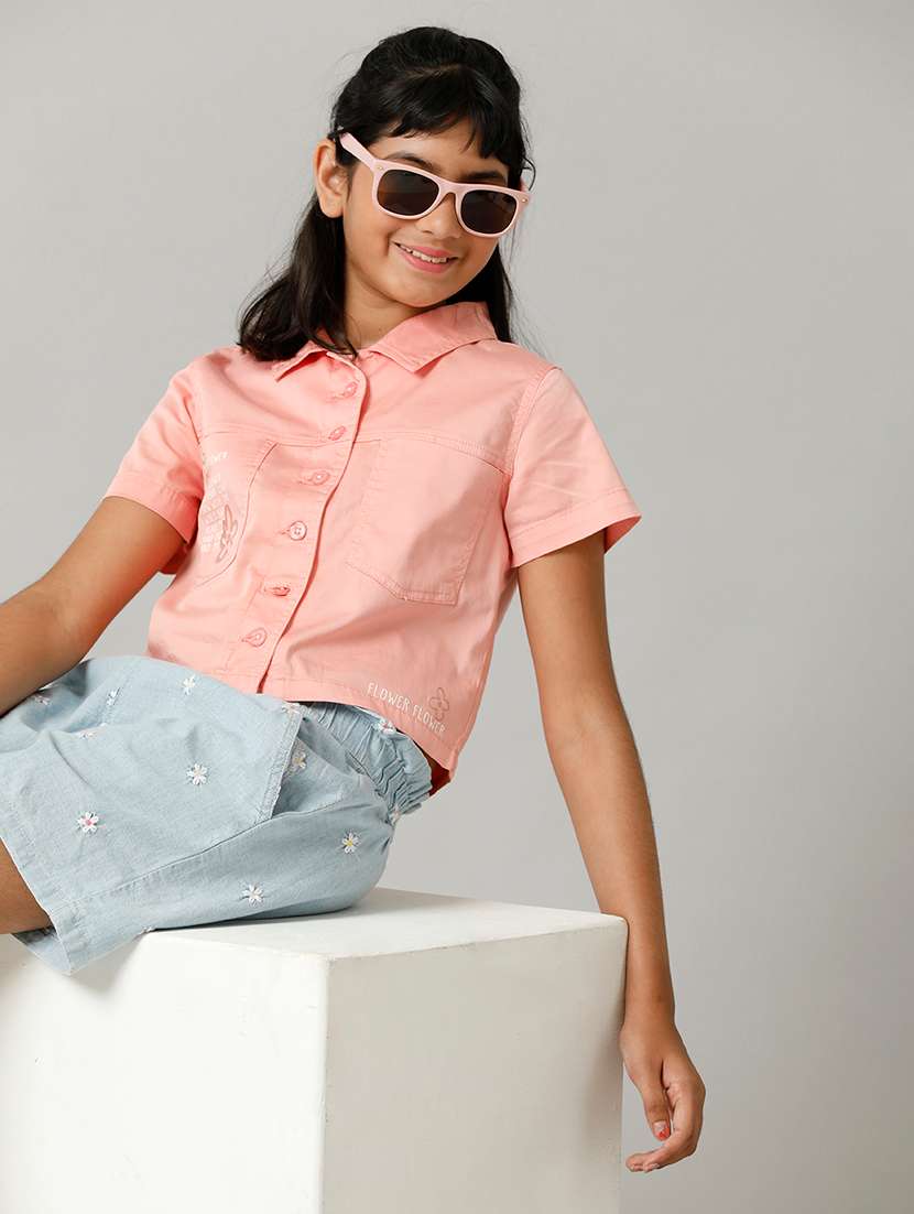 girls solid collared short sleeve shirt top