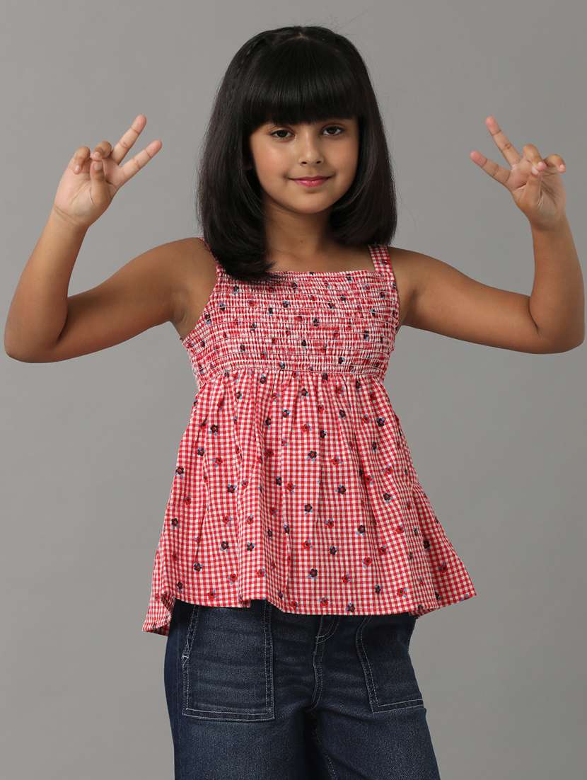 girls checkered shoulder strap peplum top