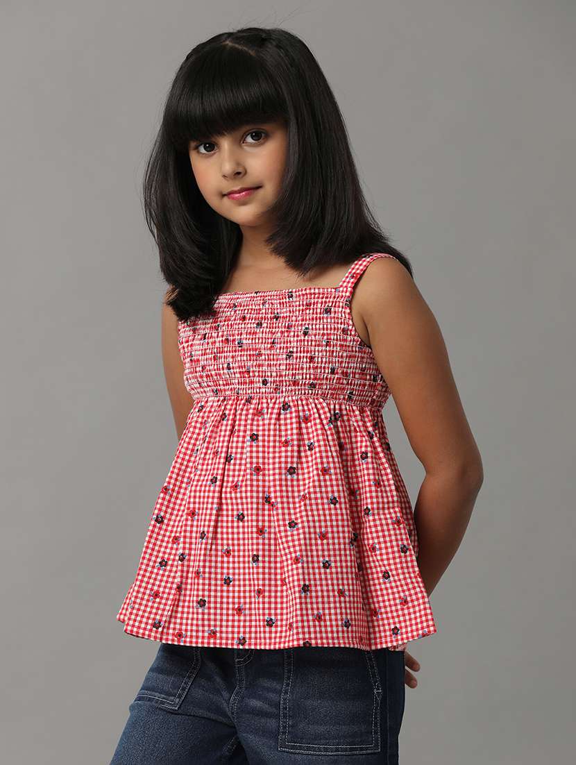 girls checkered shoulder strap peplum top
