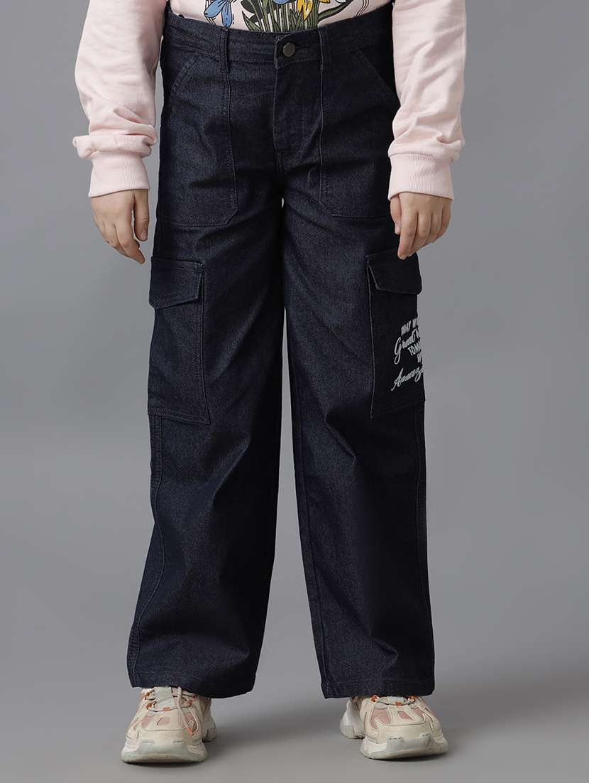 girls solid mid rise denim cargo