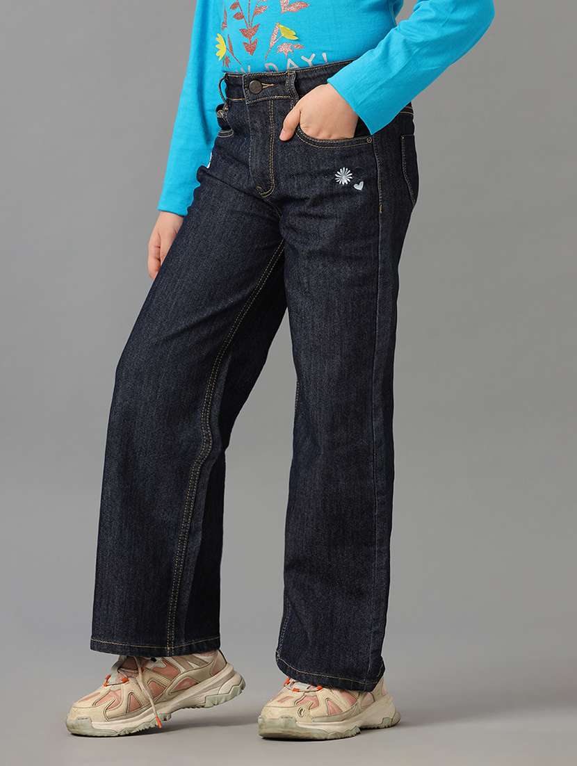 girls solid mid rise wide leg jeans