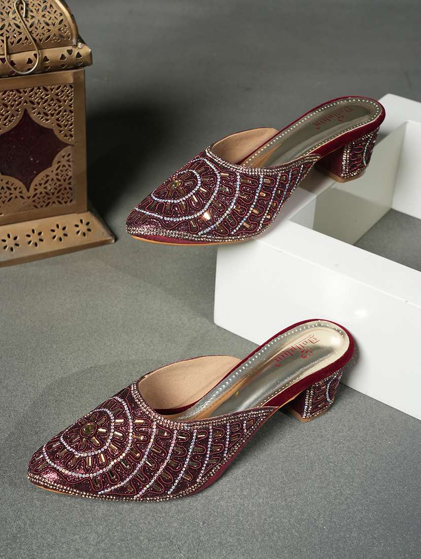 women embellished slip on block heel mules