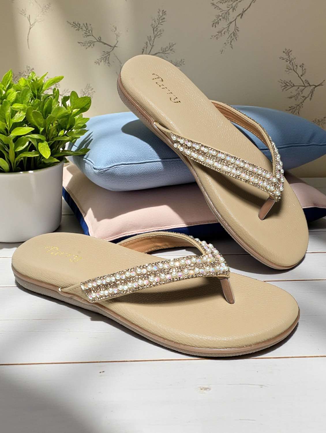 women embellished slip on flat sandals
