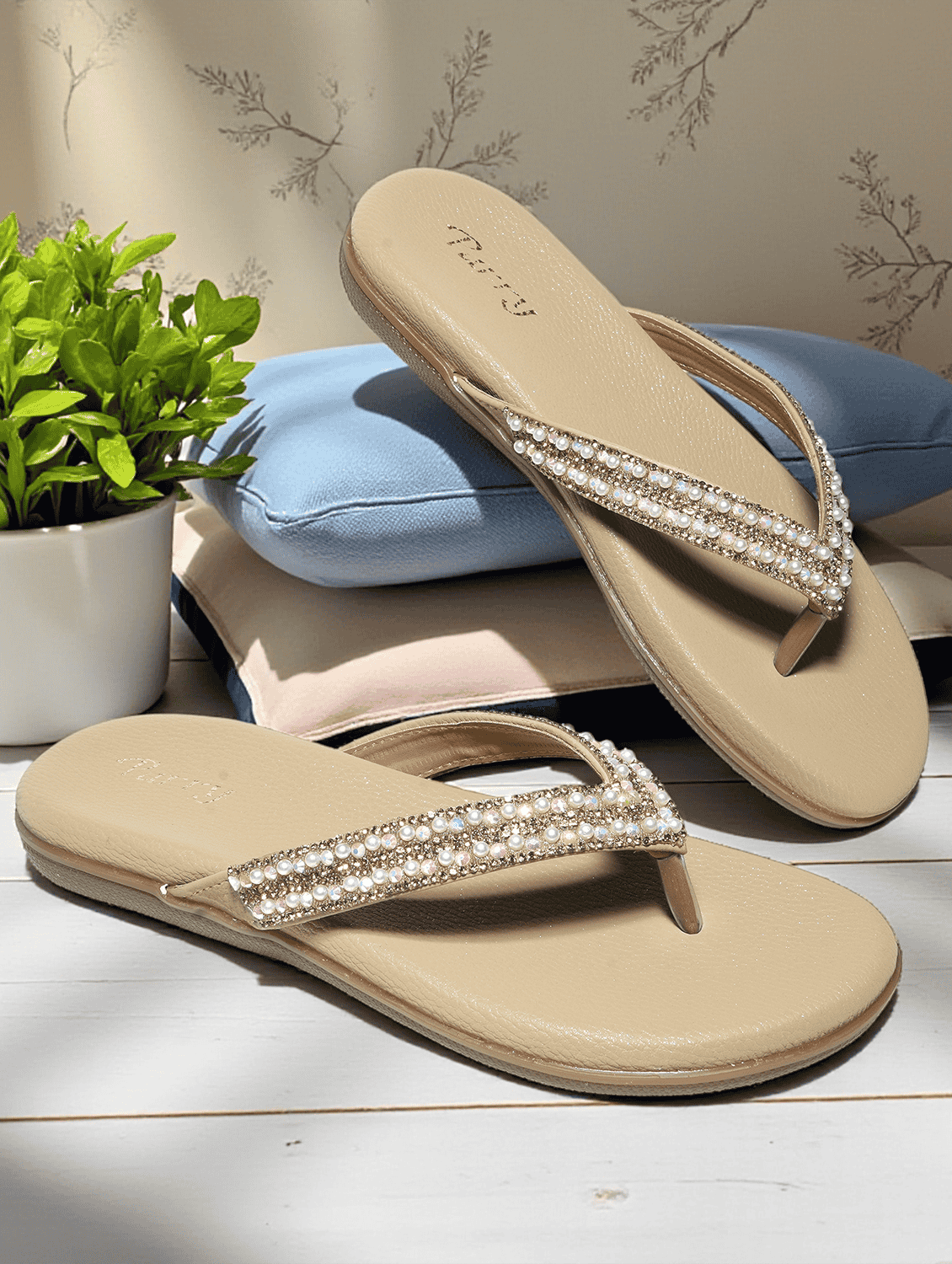 women embellished slip on flat sandals